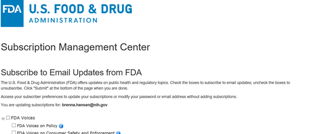 List of newsletter subscription options on FDA's Subscription Management System