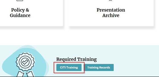 Compliance and Training landing page on the IRBO website with identification of where to click for access to CITI training link