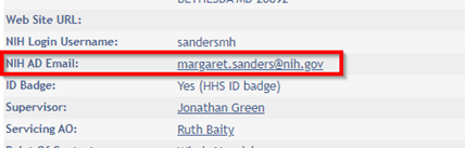 NIH Enterprise Directory (NED) page with boxes to identify NIH AD Email