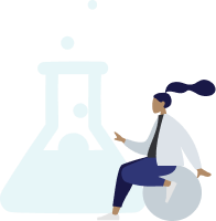 Icon featuring female scientist next to beaker