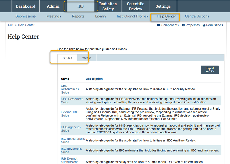 A screenshot from the PROTECT system showing users how to locate user guides.